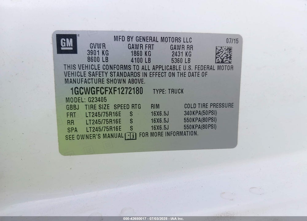 2015 CHEVROLET EXPRESS 2500 WORK VAN VIN: 1GCWGFCFXF1272180