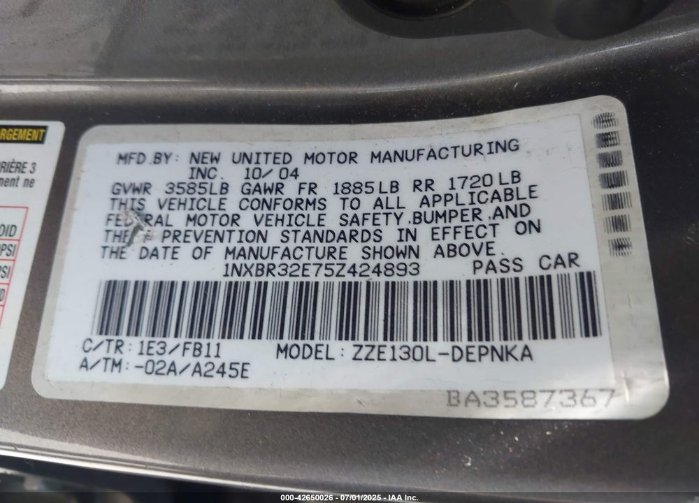 2005 TOYOTA COROLLA LE VIN: 1NXBR32E75Z424893