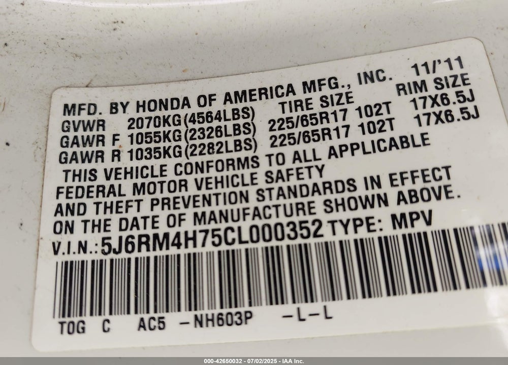 2012 HONDA CR-V VIN: 5J6RM4H75CL000352