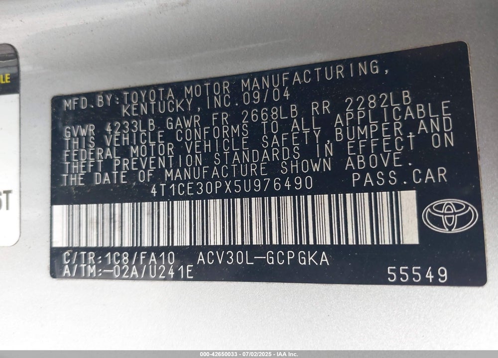 2005 TOYOTA CAMRY SOLARA SLE VIN: 4T1CE30PX5U976490