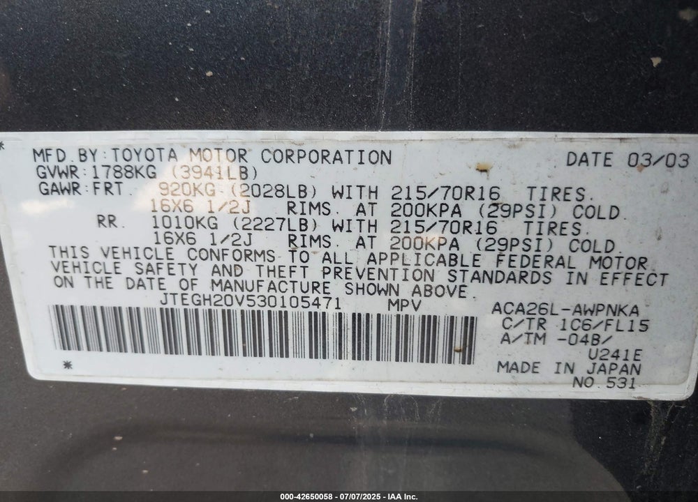 2003 TOYOTA RAV4 VIN: JTEGH20V530105471