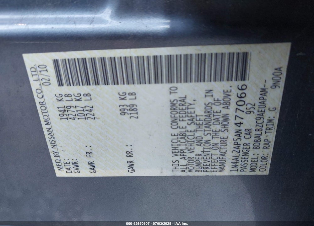 2010 NISSAN ALTIMA 2.5 S VIN: 1N4AL2AP5AN477066