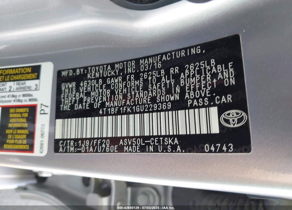 2016 TOYOTA CAMRY VIN: 4T1BF1FK1GU229369