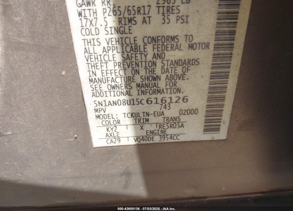 2005 NISSAN XTERRA SE VIN: 5N1AN08U15C616126