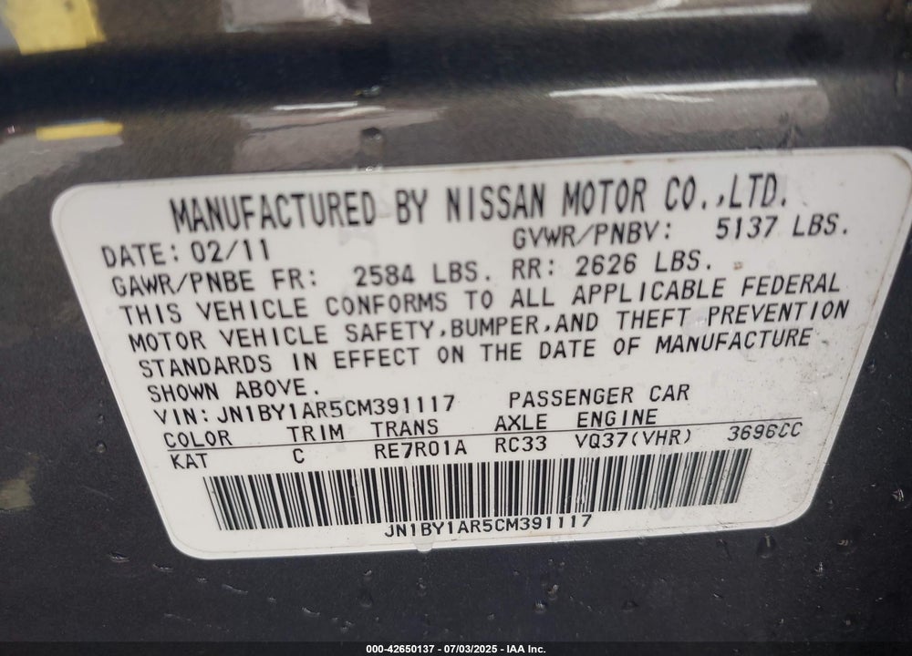 2012 INFINITI M37 VIN: JN1BY1AR5CM391117