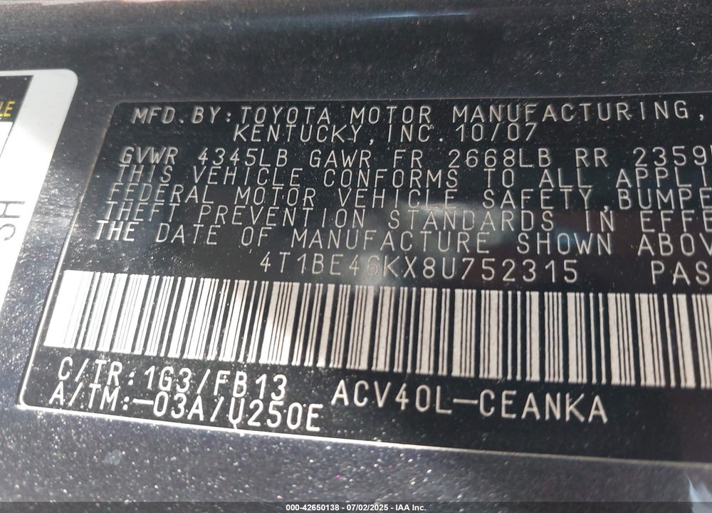 2008 TOYOTA CAMRY VIN: 4T1BE46KX8U752315