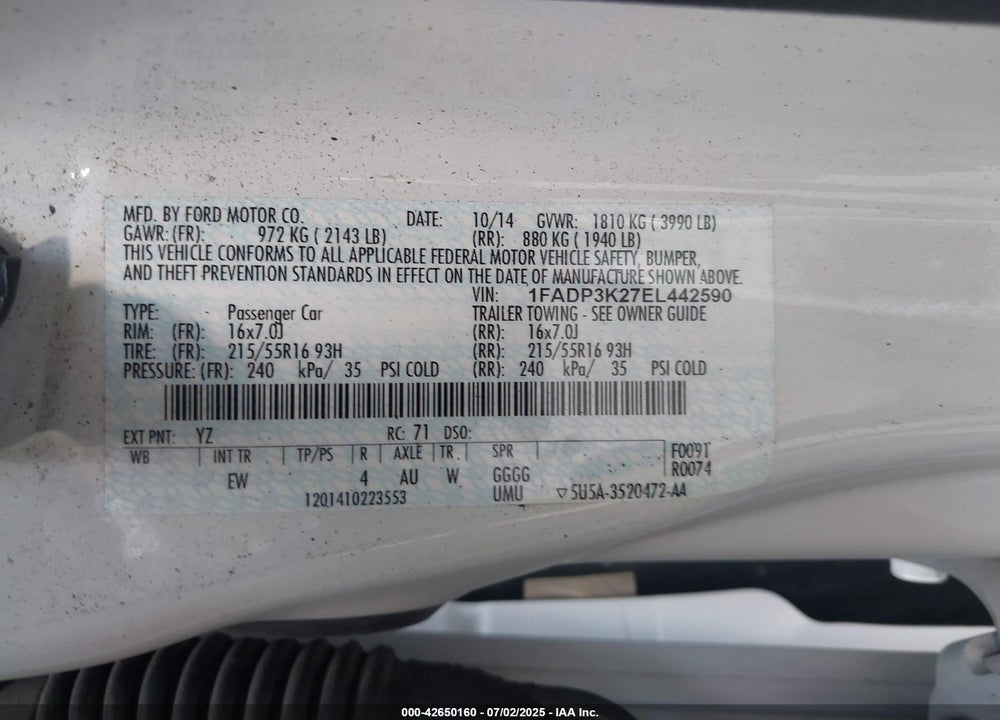 2014 FORD FOCUS SE VIN: 1FADP3K27EL442590