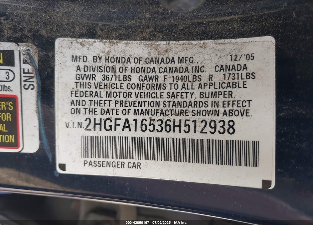 2006 HONDA CIVIC LX VIN: 2HGFA16536H512938