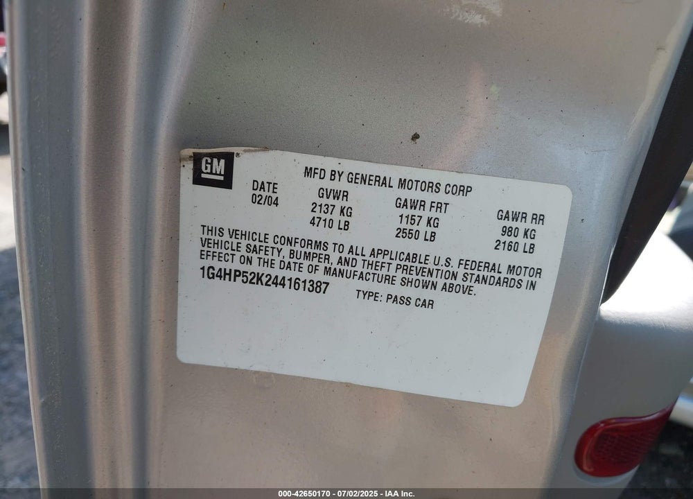 2004 BUICK LESABRE CUSTOM VIN: 1G4HP52K244161387