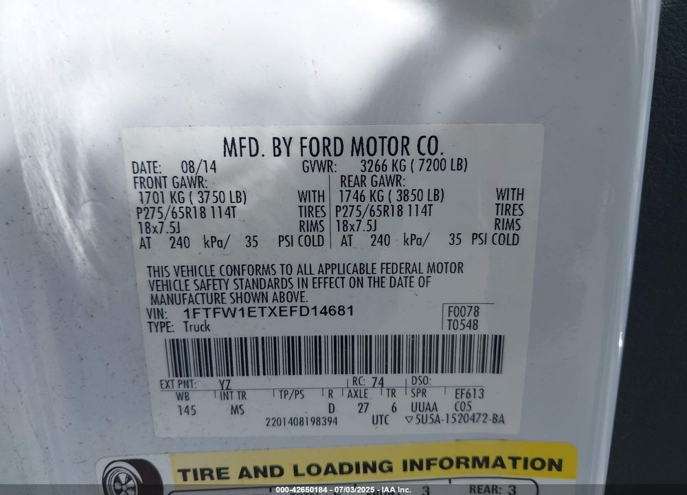 2014 FORD F-150 VIN: 1FTFW1ETXEFD14681