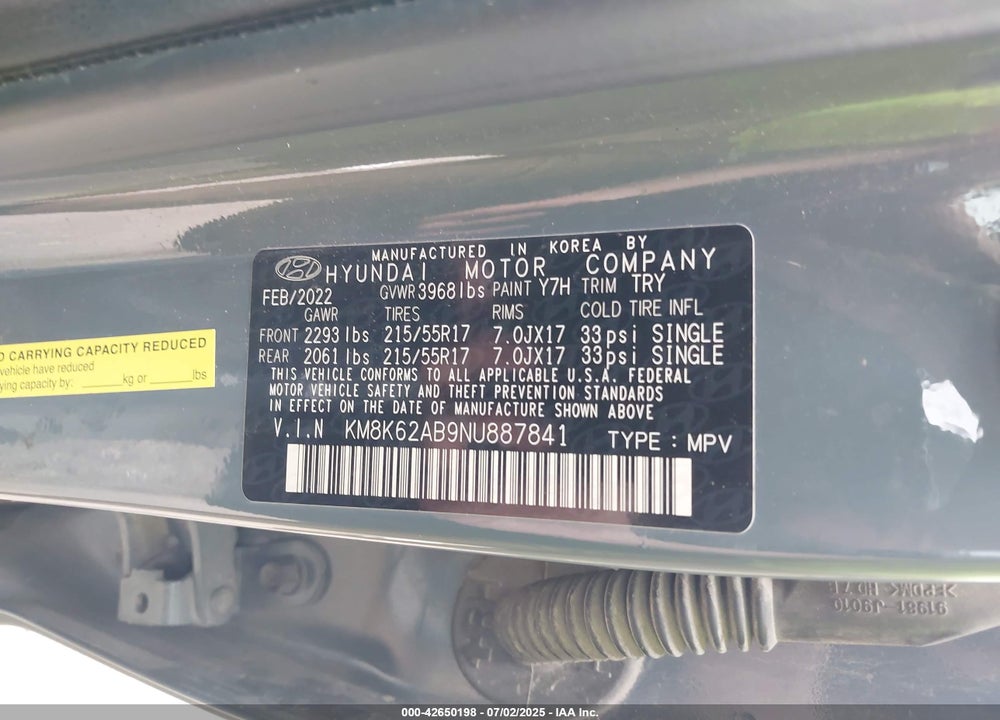 2022 HYUNDAI KONA VIN: KM8K62AB9NU887841