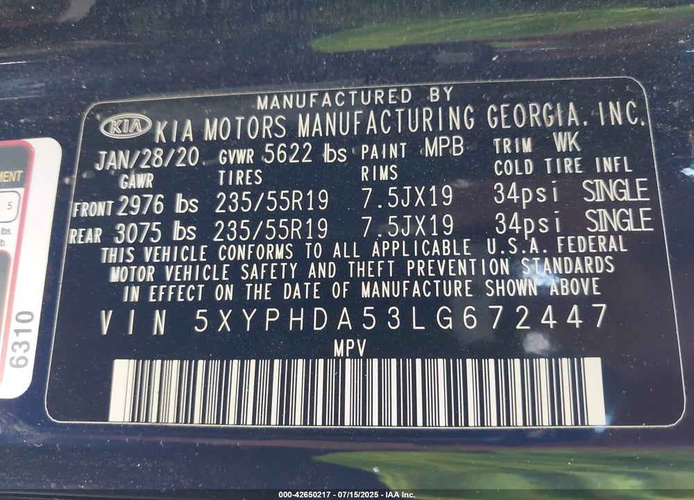 2020 KIA SORENTO VIN: 5XYPHDA53LG672447