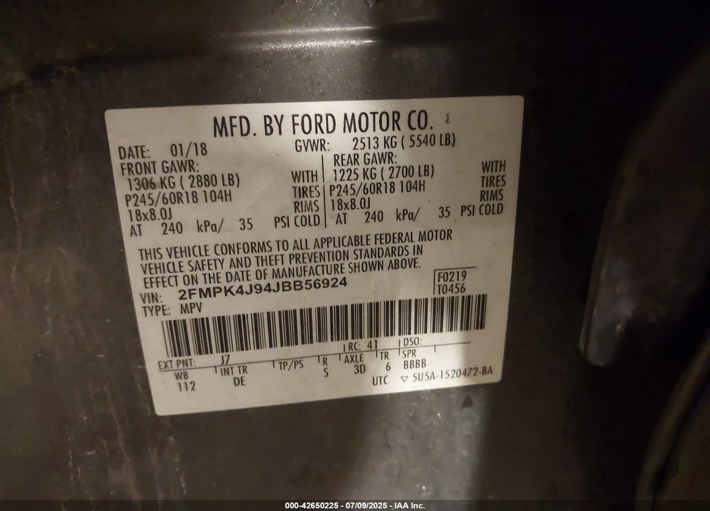 2018 FORD EDGE VIN: 2FMPK4J94JBB56924