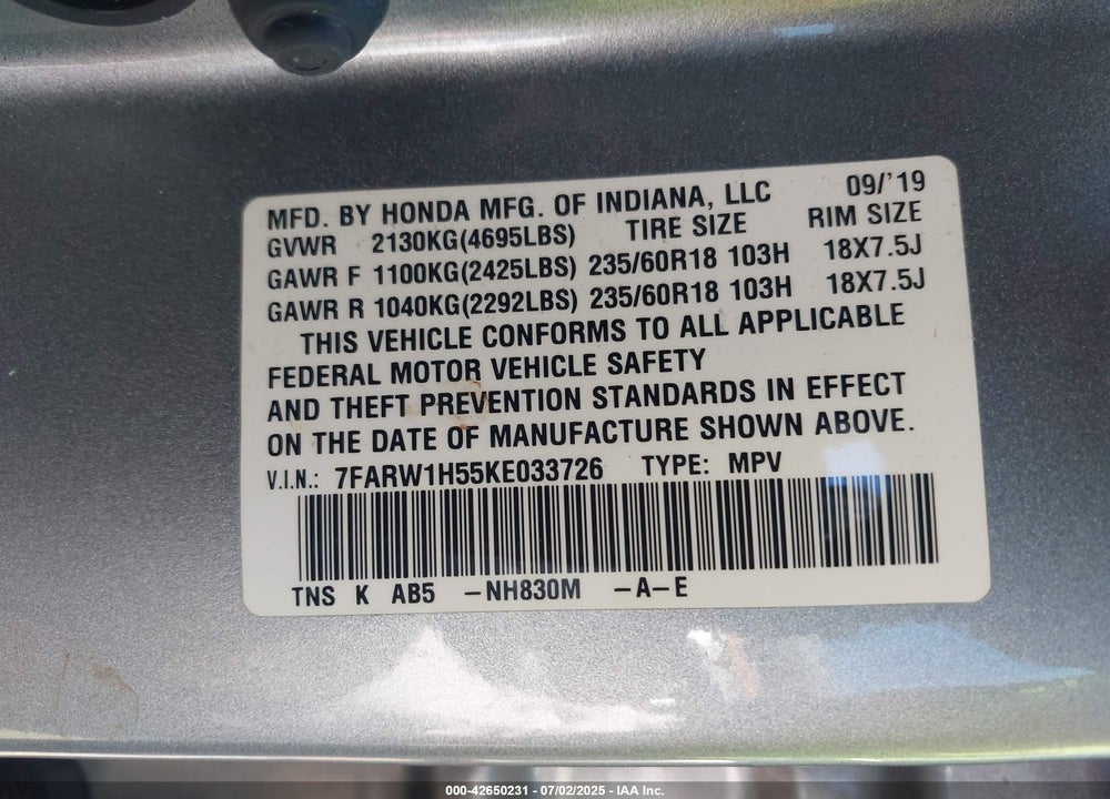 2019 HONDA CR-V VIN: 7FARW1H55KE033726