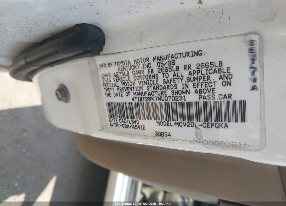 1998 TOYOTA CAMRY VIN: 4T1BF28K7WU070231