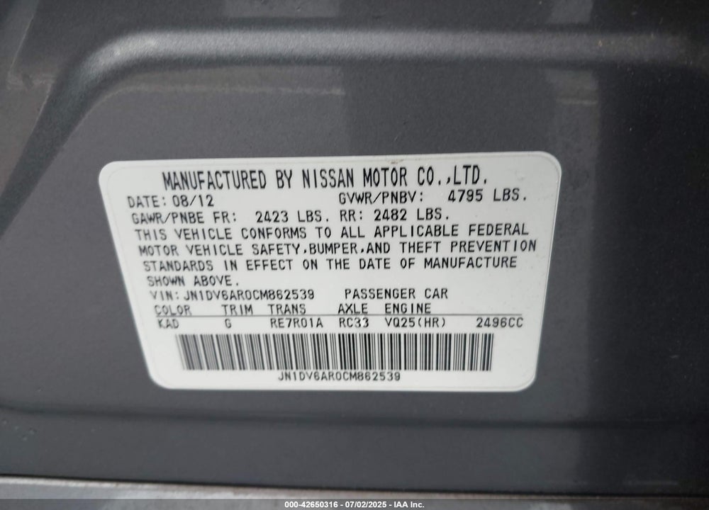 2012 INFINITI G25X VIN: JN1DV6AR0CM862539