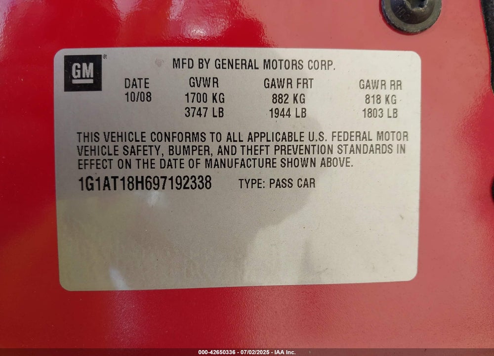 2009 CHEVROLET COBALT VIN: 1G1AT18H697192338