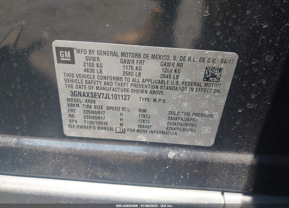 2018 CHEVROLET EQUINOX VIN: 3GNAXSEV7JL101127
