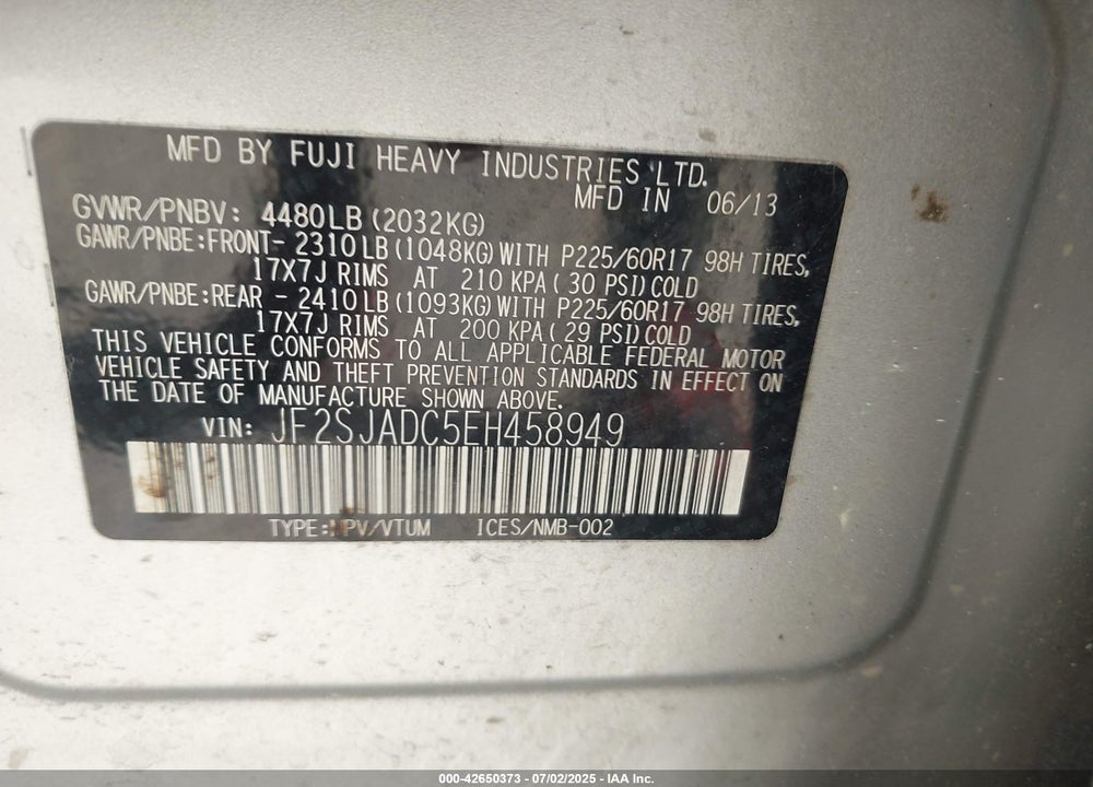 2014 SUBARU FORESTER VIN: JF2SJADC5EH458949