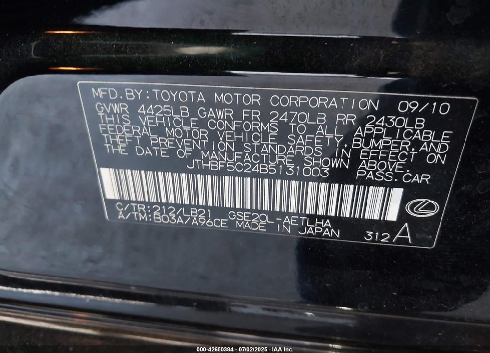 2011 LEXUS IS250 VIN: JTHBF5C24B5131003