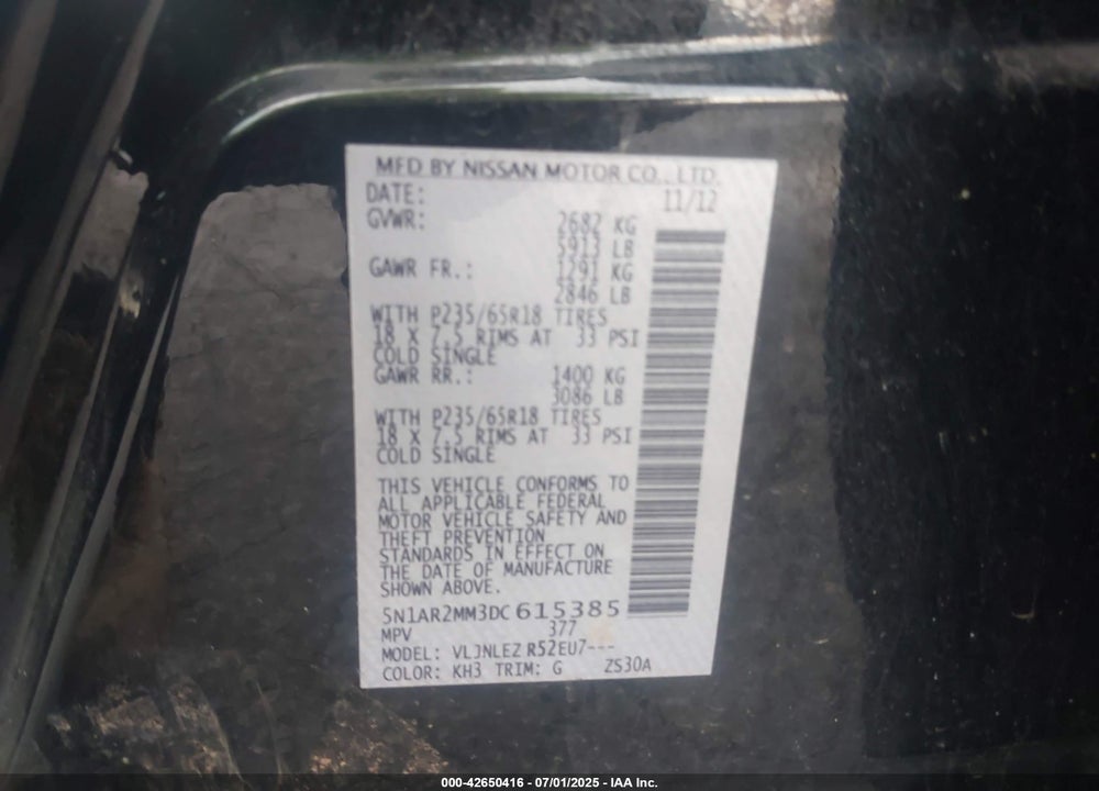 2013 NISSAN PATHFINDER VIN: 5N1AR2MM3DC615385