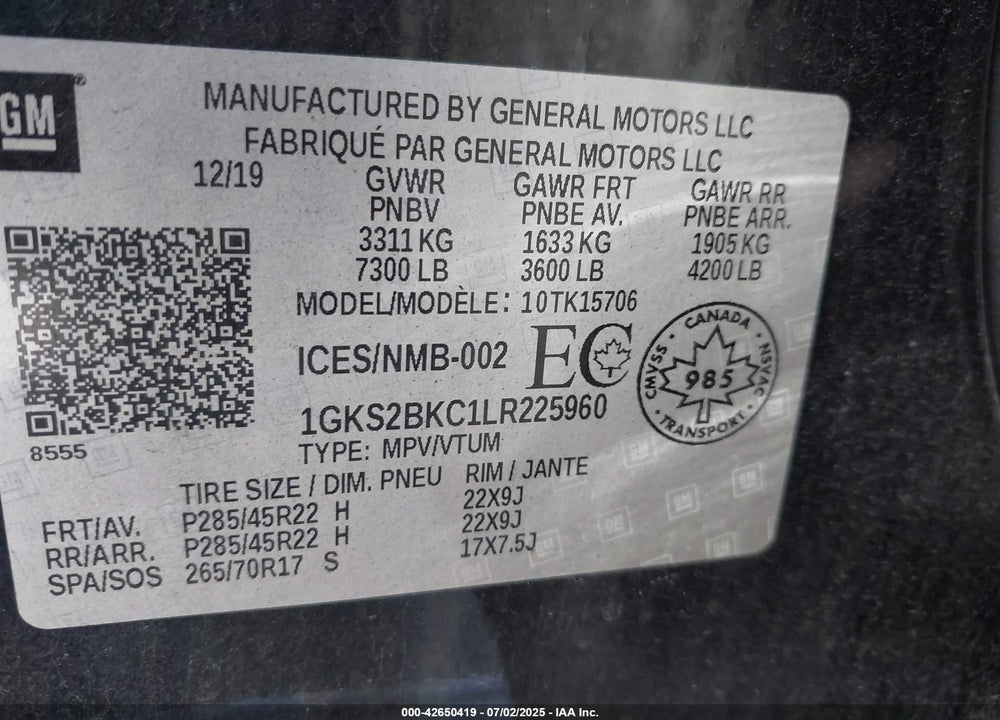2020 GMC YUKON VIN: 1GKS2BKC1LR225960