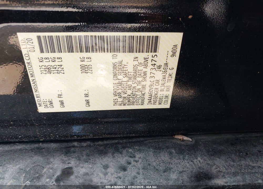 2020 NISSAN MAXIMA VIN: 1N4AA6DV9LC373475