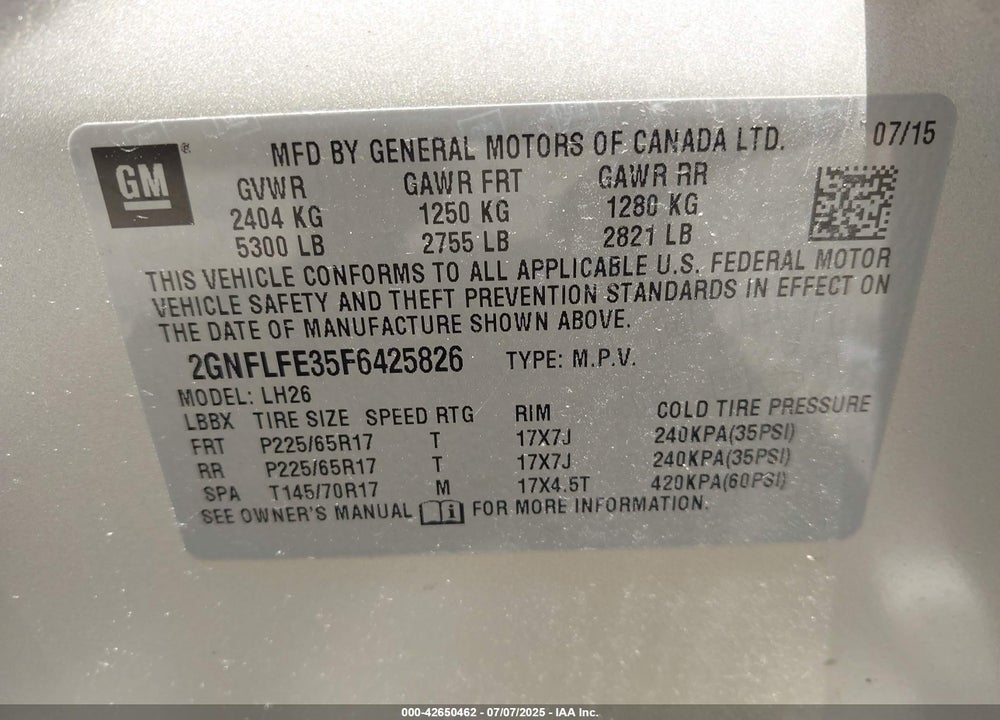 2015 CHEVROLET EQUINOX VIN: 2GNFLFE35F6425826