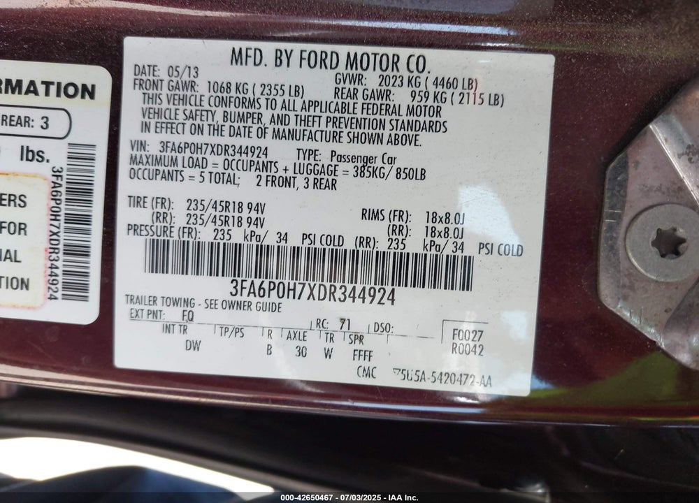 2013 FORD FUSION VIN: 3FA6P0H7XDR344924