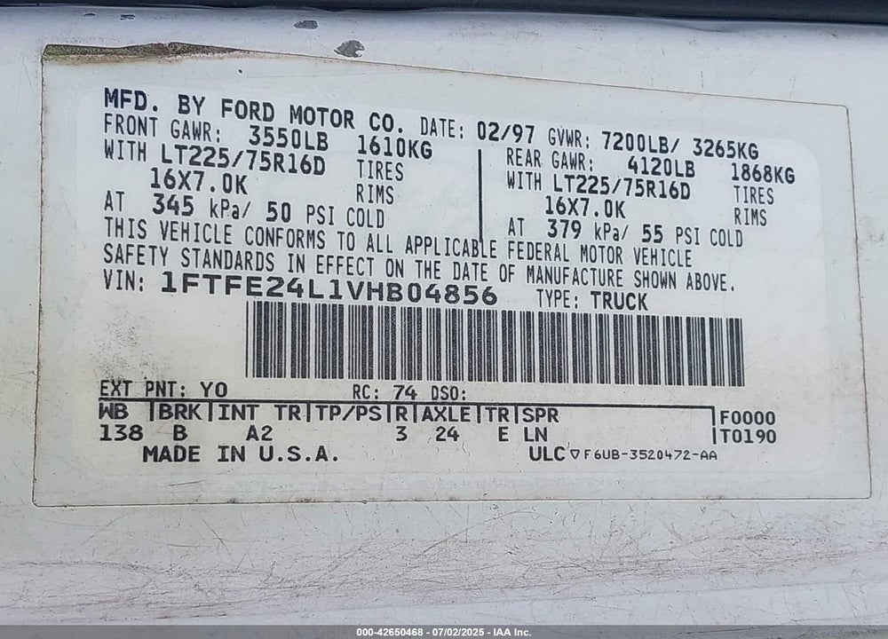 1998 FORD E-350 COMMERCIAL/RECREATIONAL VIN: 1FTSE34F1WHA28359