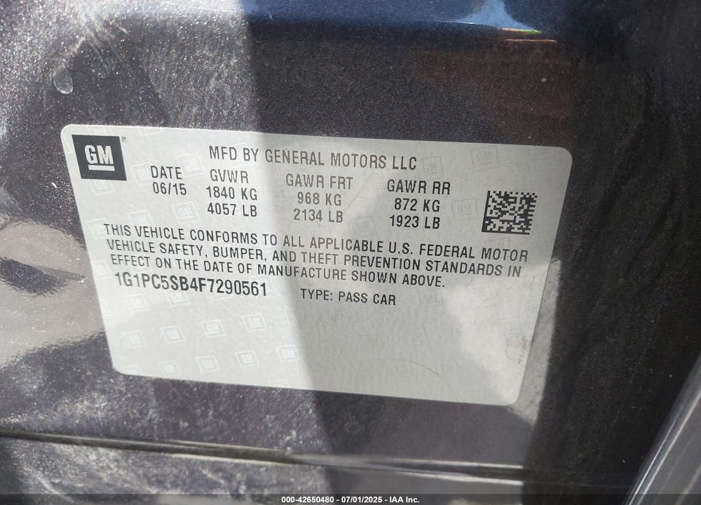 2015 CHEVROLET CRUZE VIN: 1G1PC5SB4F7290561