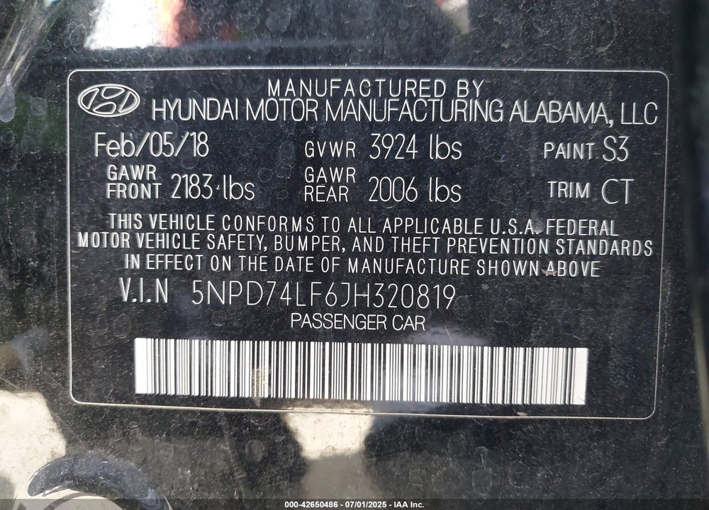 2018 HYUNDAI ELANTRA VIN: 5NPD74LF6JH320819