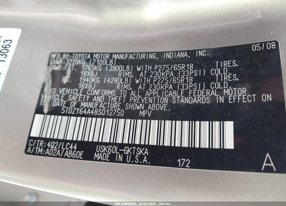 2008 TOYOTA SEQUOIA SR5 5.7L V8 VIN: 5TDZY64A48S012750