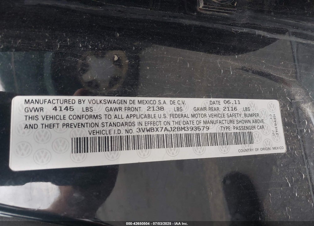 2011 VOLKSWAGEN JETTA VIN: 3VWBX7AJ2BM393579