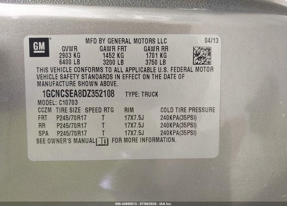 2013 CHEVROLET SILVERADO 1500 VIN: 1GCNCSEA8DZ352108
