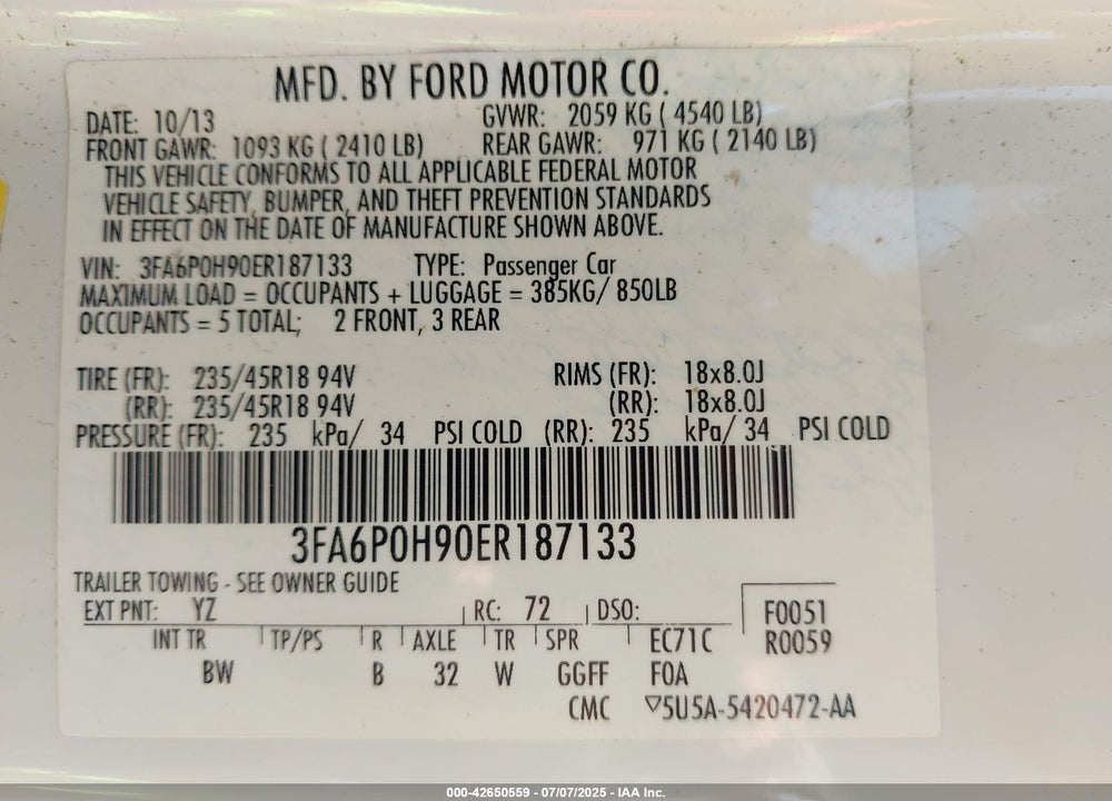 2014 FORD FUSION VIN: 3FA6P0H90ER187133