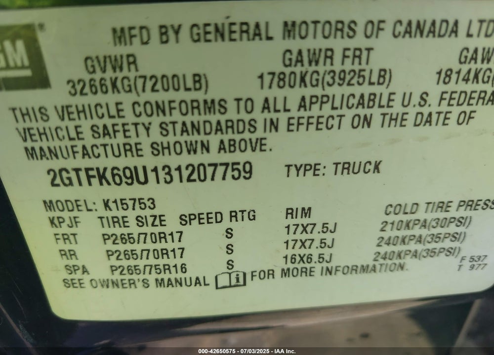 2003 GMC SIERRA 1500 DENALI VIN: 2GTFK69U131207759