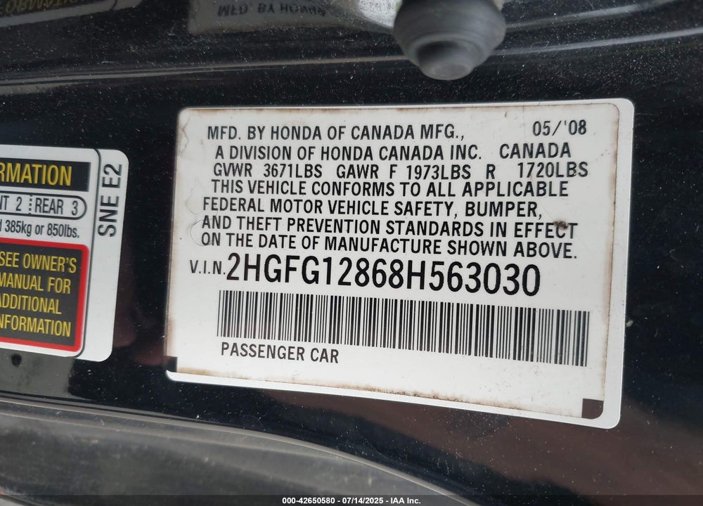 2008 HONDA CIVIC VIN: 2HGFG12868H563030