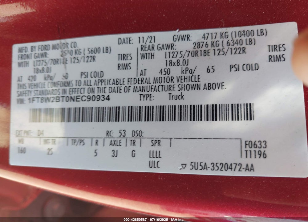 2022 FORD F-250 VIN: 1FT8W2BT0NEC90934