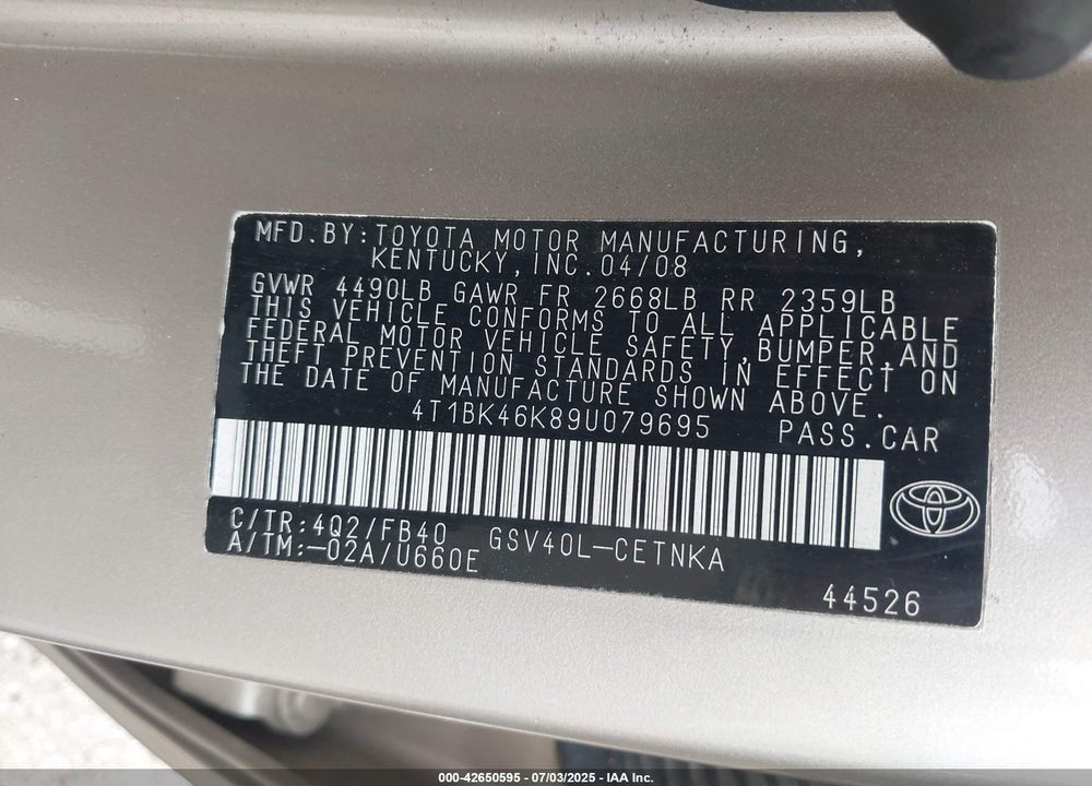 2009 TOYOTA CAMRY VIN: 4T1BK46K89U079695