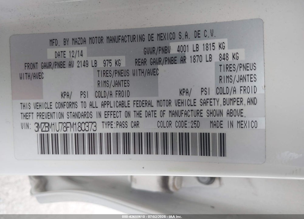 2015 MAZDA 3 VIN: 3MZBM1U78FM180373