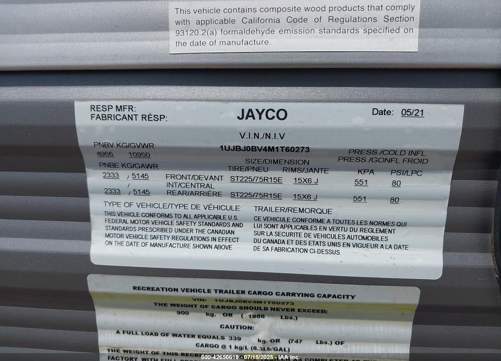 2021 JAYCO JAYFL184BH VIN: 1UJBJ0BV4M1T60273