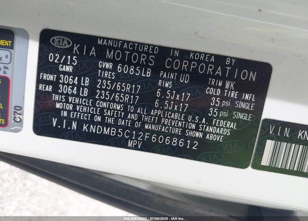 2015 KIA SEDONA VIN: KNDMB5C12F6068612