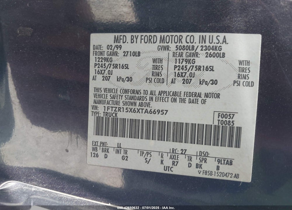 1999 FORD RANGER XLT VIN: 1FTZR15X6XTA66957