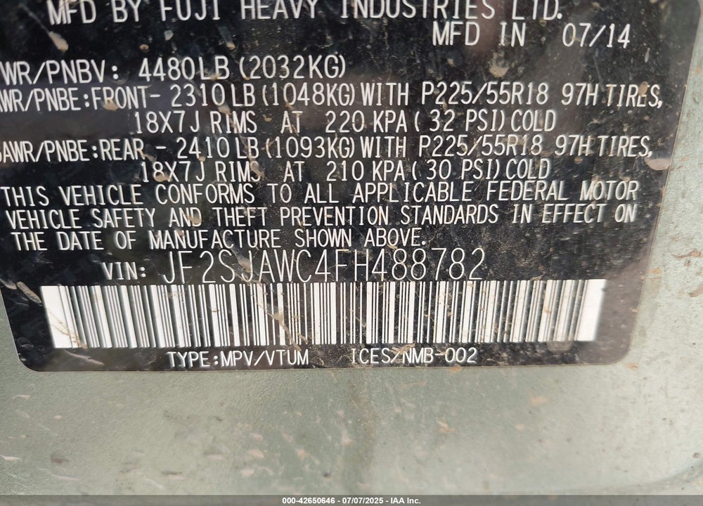 2015 SUBARU FORESTER VIN: JF2SJAWC4FH488782