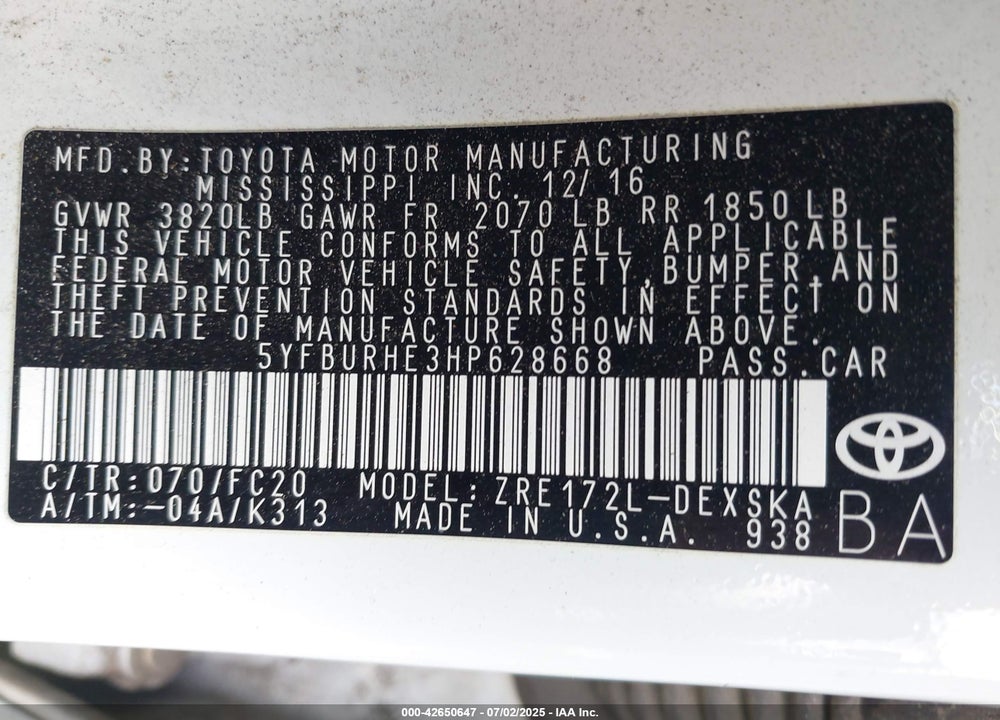 2017 TOYOTA COROLLA VIN: 5YFBURHE3HP628668