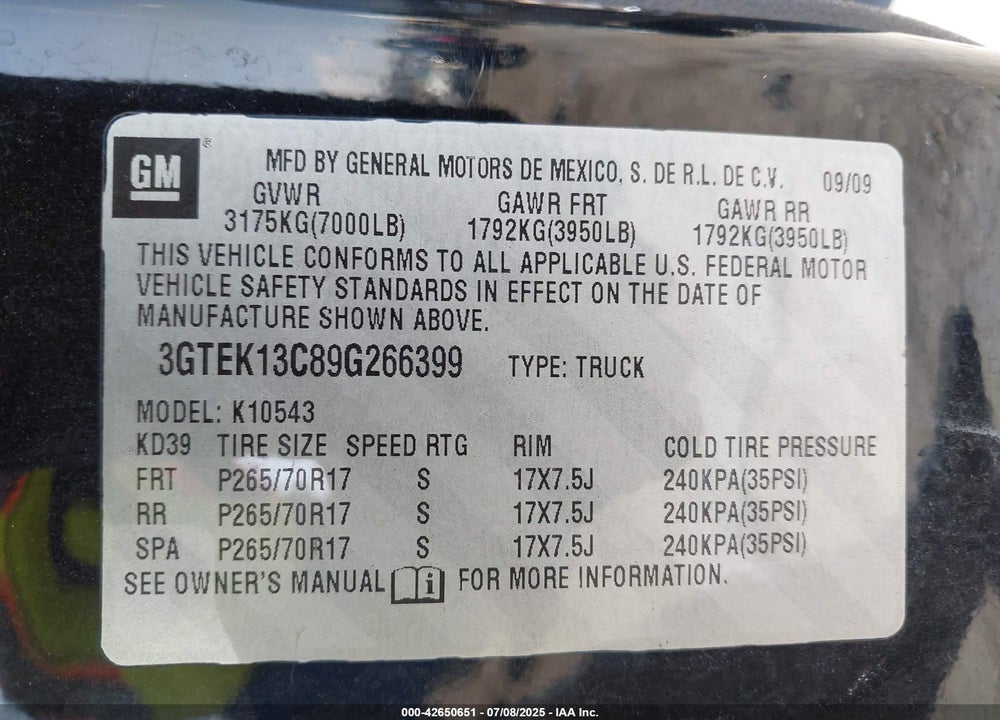 2009 GMC SIERRA 1500 SL VIN: 3GTEK13C89G266399