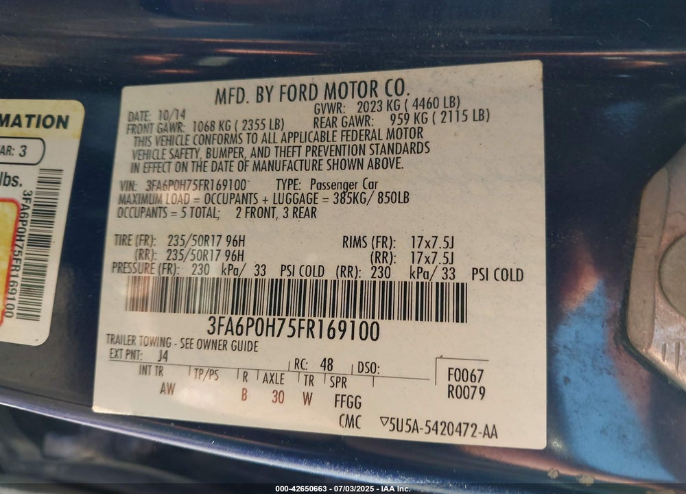 2015 FORD FUSION VIN: 3FA6P0H75FR169100