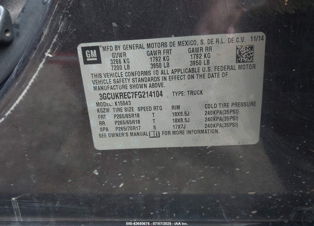 2015 CHEVROLET SILVERADO 1500 VIN: 3GCUKREC7FG214104