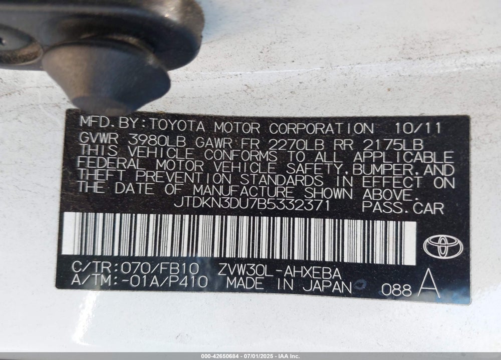 2011 TOYOTA PRIUS VIN: JTDKN3DU7B5332371